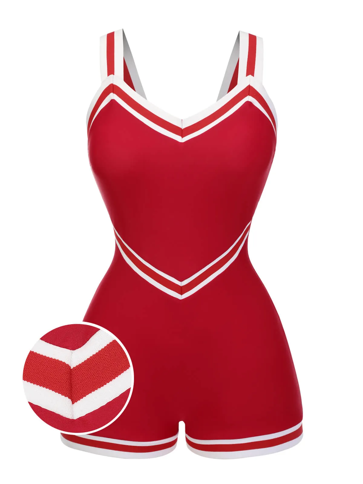 Red 1940s Solid Patchwork V-Neck Swimsuit sold by Retro Stage