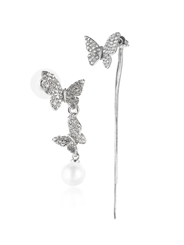 Butterfly Diamond Pearl Asymmetric Earrings sold by Retro Stage