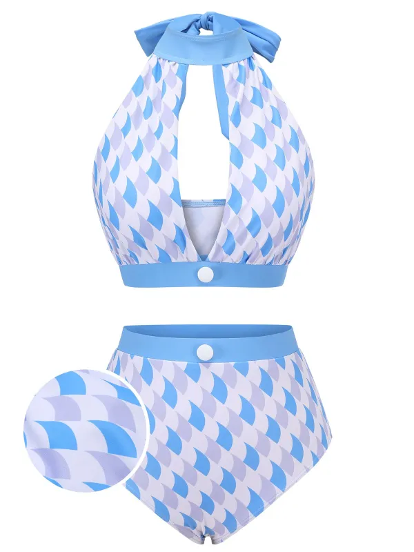 Blue 1940s Hole Collar Halter Swimsuit sold by Retro Stage