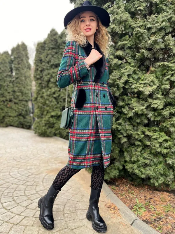 Green 1960s Plaid Fur Collar Pencil Coat sold by Retro Stage