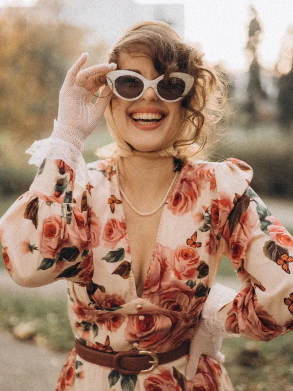 1940s Rose V-Neck Long Sleeves Dress sold by Retro Stage