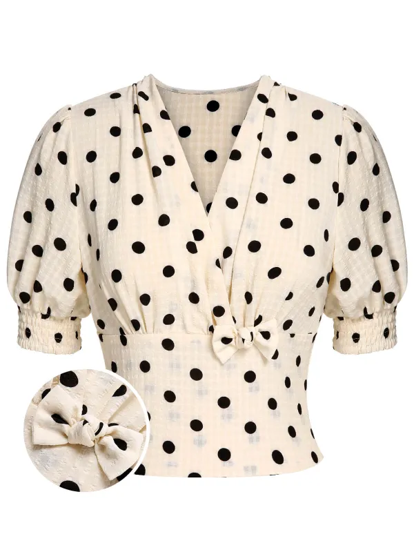 Beige 1940s Dots Bowknot V-Neck Blouse sold by Retro Stage