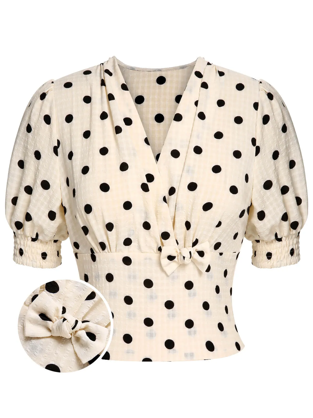 Beige 1940s Dots Bowknot V-Neck Blouse sold by Retro Stage