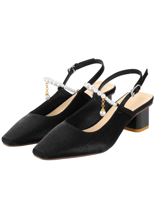 Black Velvet Satin Pearl Chunky Heel Shoes sold by Retro Stage