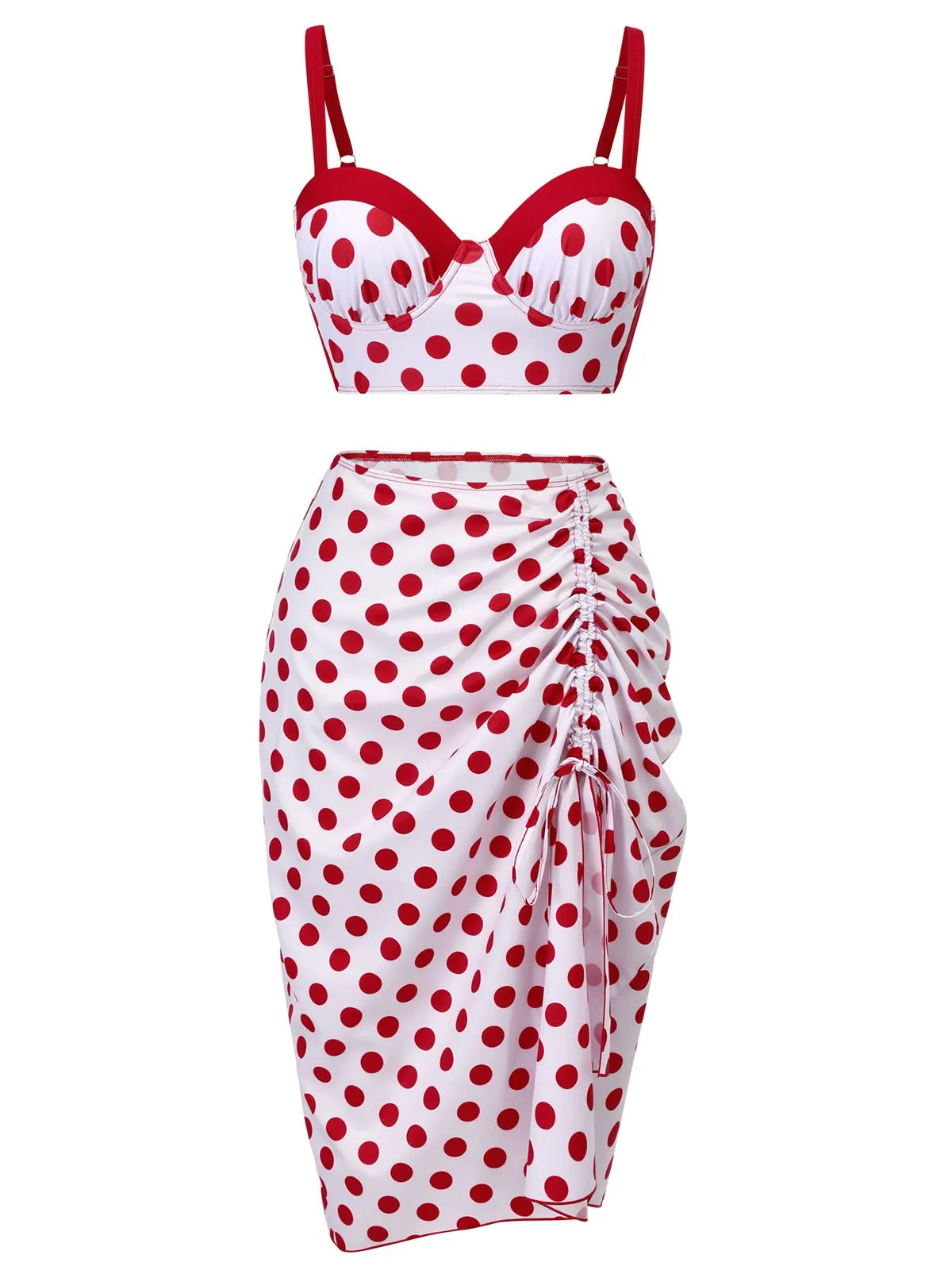 Red 1950s Polka Dot Pleated Swimsuit sold by Retro Stage product image thumbnail 2