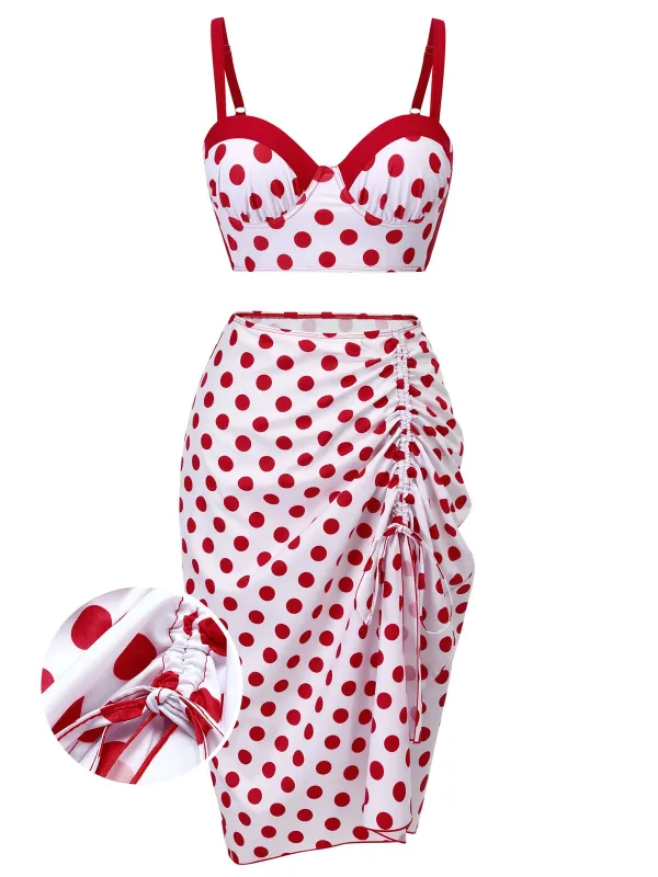 Red 1950s Polka Dot Pleated Swimsuit sold by Retro Stage