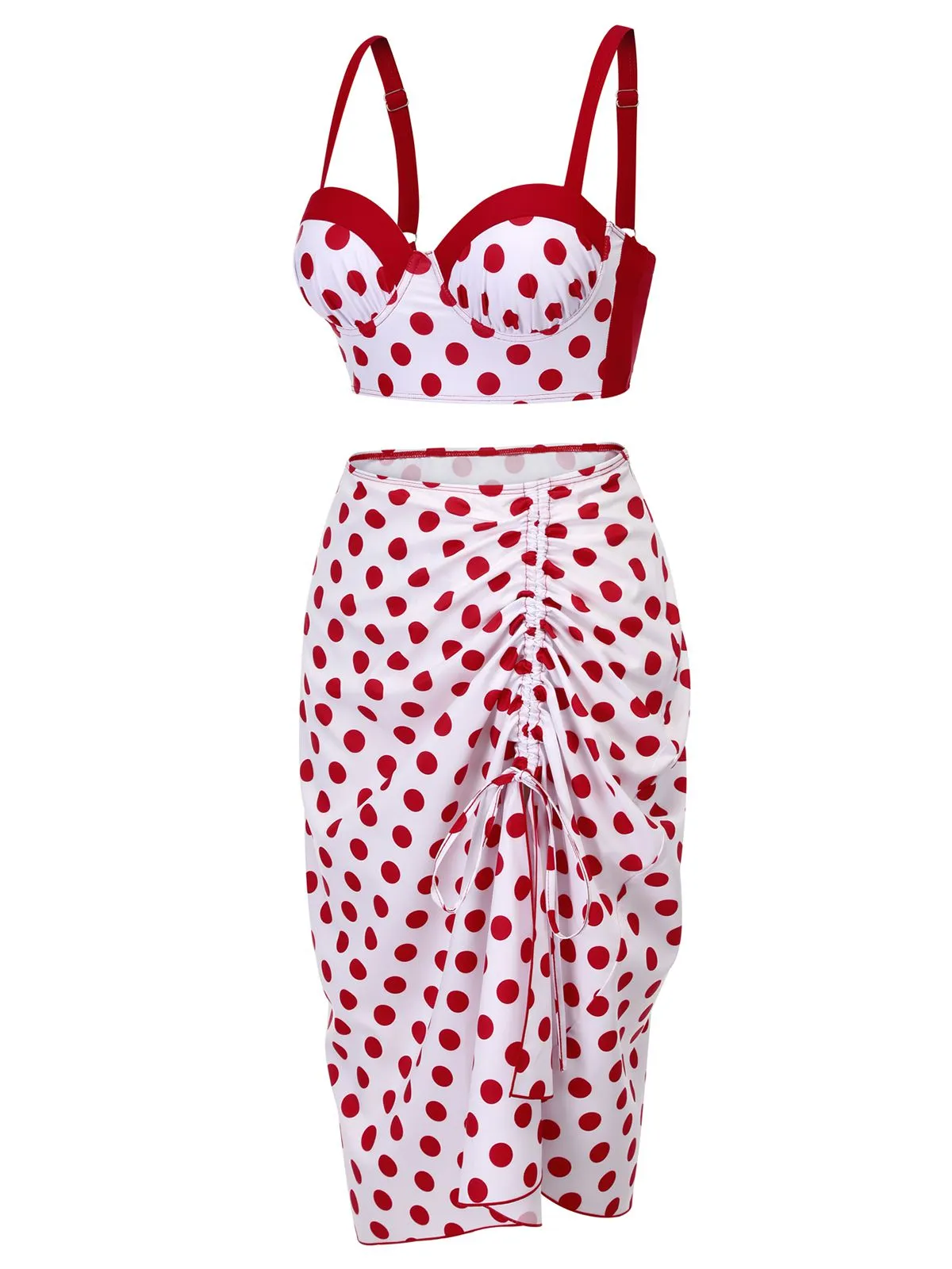Red 1950s Polka Dot Pleated Swimsuit sold by Retro Stage product image thumbnail 3
