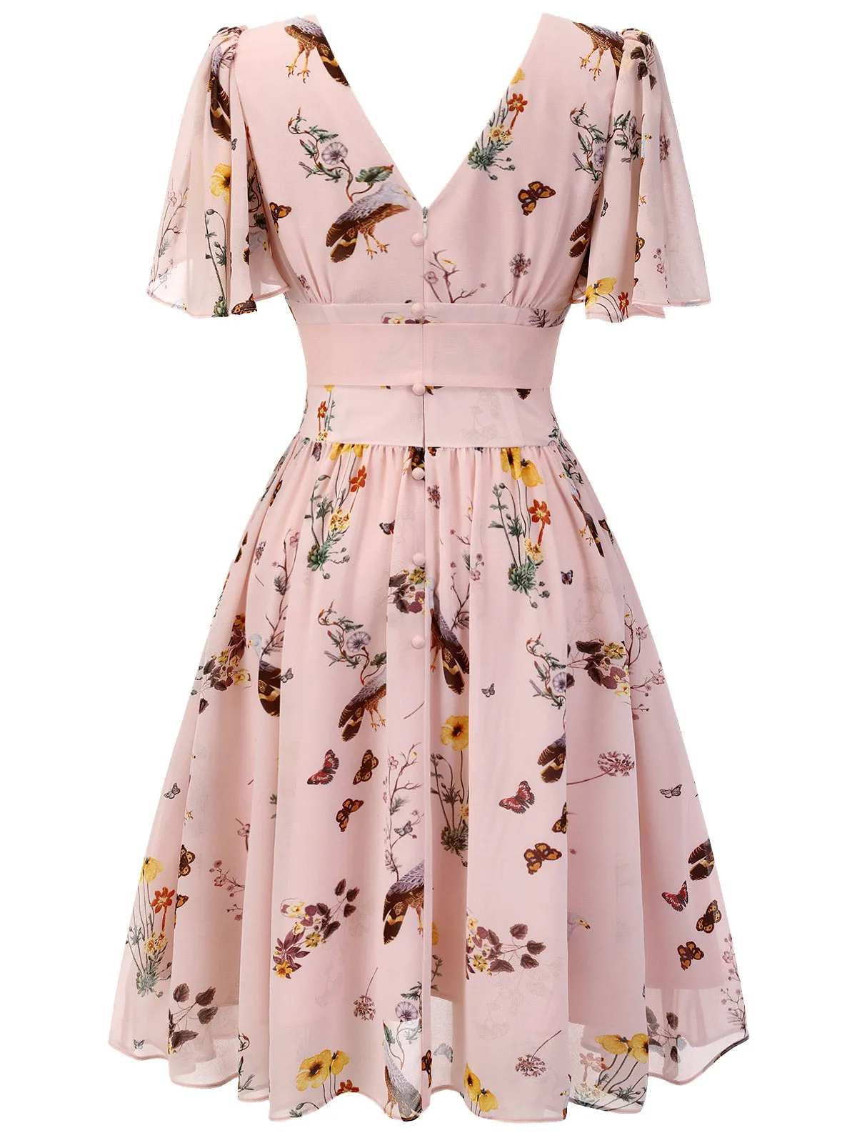 Pink Flowers And Birds Bowknot V-Neck Dress sold by Retro Stage product image thumbnail 4