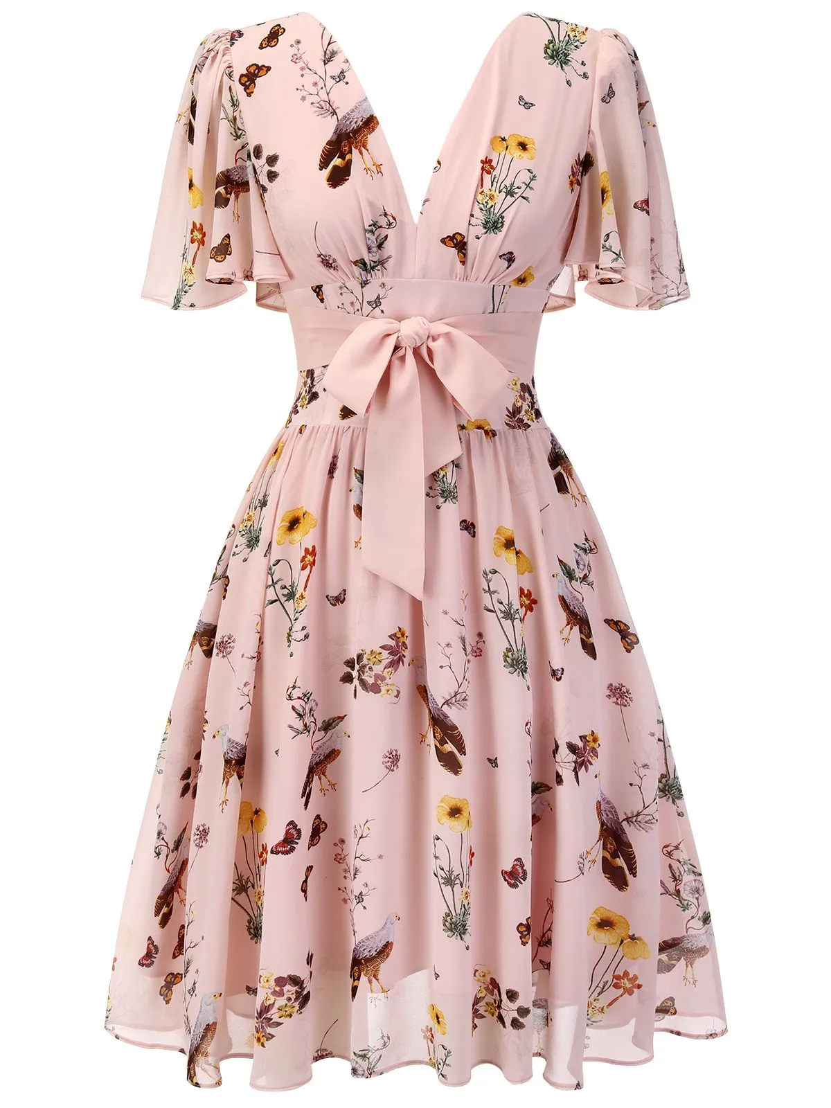 Pink Flowers And Birds Bowknot V-Neck Dress sold by Retro Stage product image thumbnail 2