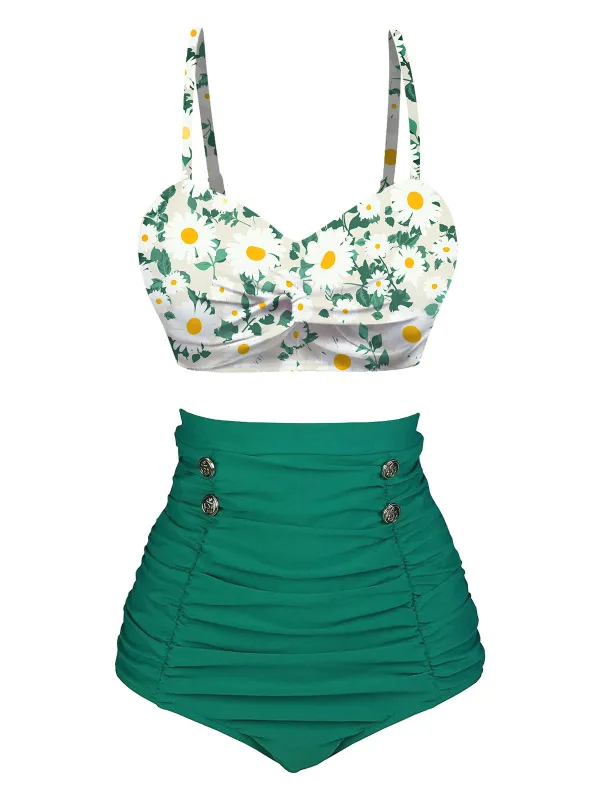 Green 1950s Daisy Strap Pleated Swimsuit sold by Retro Stage