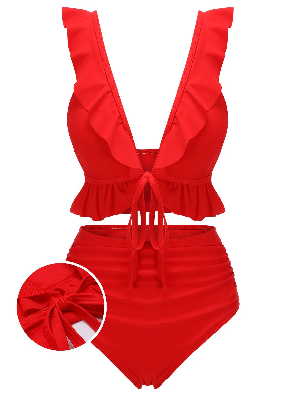 Red 1950s Solid Ruffled V-neck Straps Swimsuit sold by Retro Stage