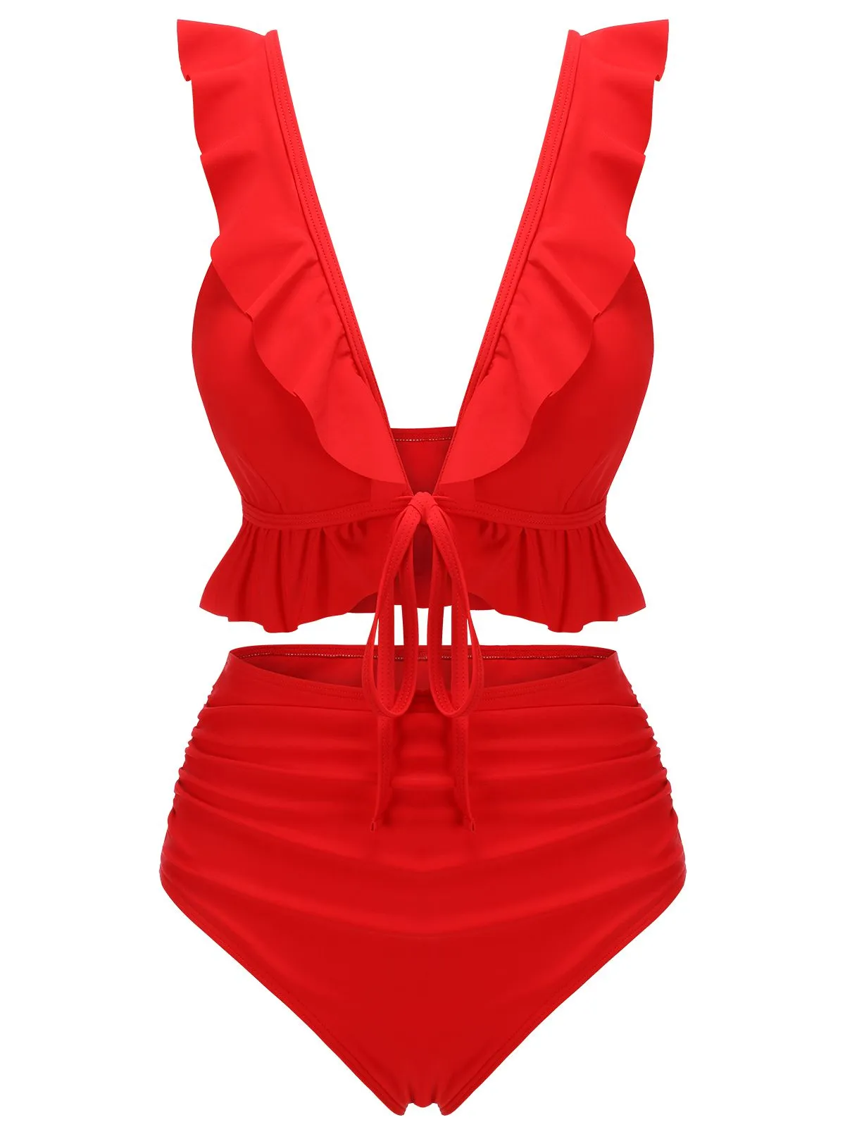 Red 1950s Solid Ruffled V-neck Straps Swimsuit sold by Retro Stage product image thumbnail 2