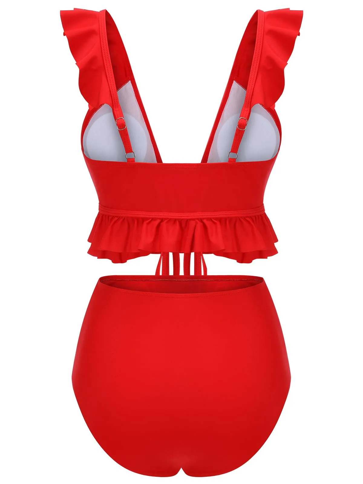 Red 1950s Solid Ruffled V-neck Straps Swimsuit sold by Retro Stage product image thumbnail 4