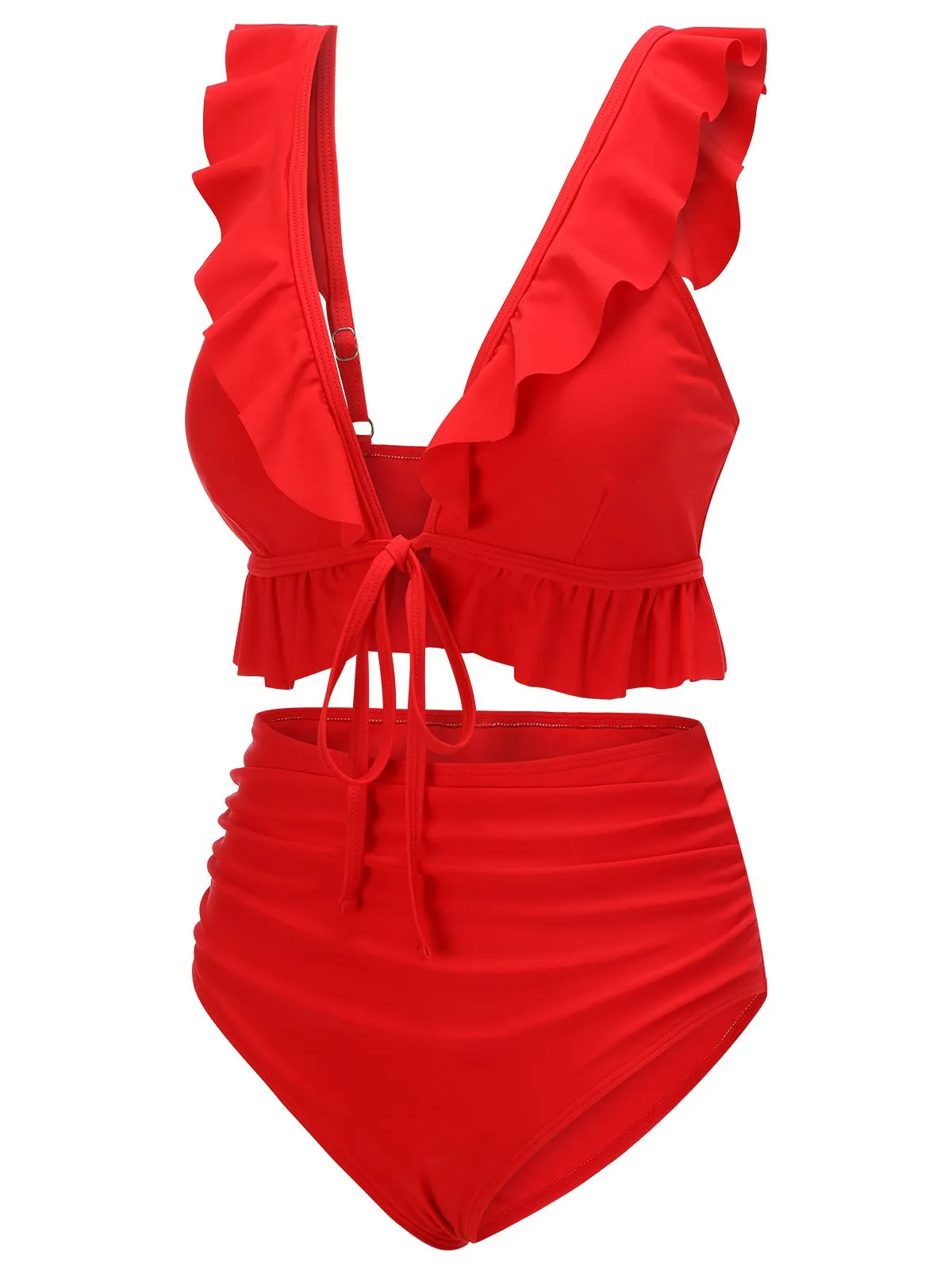 Red 1950s Solid Ruffled V-neck Straps Swimsuit sold by Retro Stage product image thumbnail 3