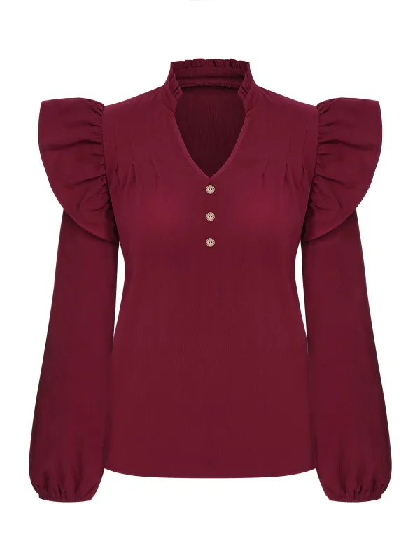 Wine Red 1950s Solid V-neck Ruffle Blouse sold by Retro Stage