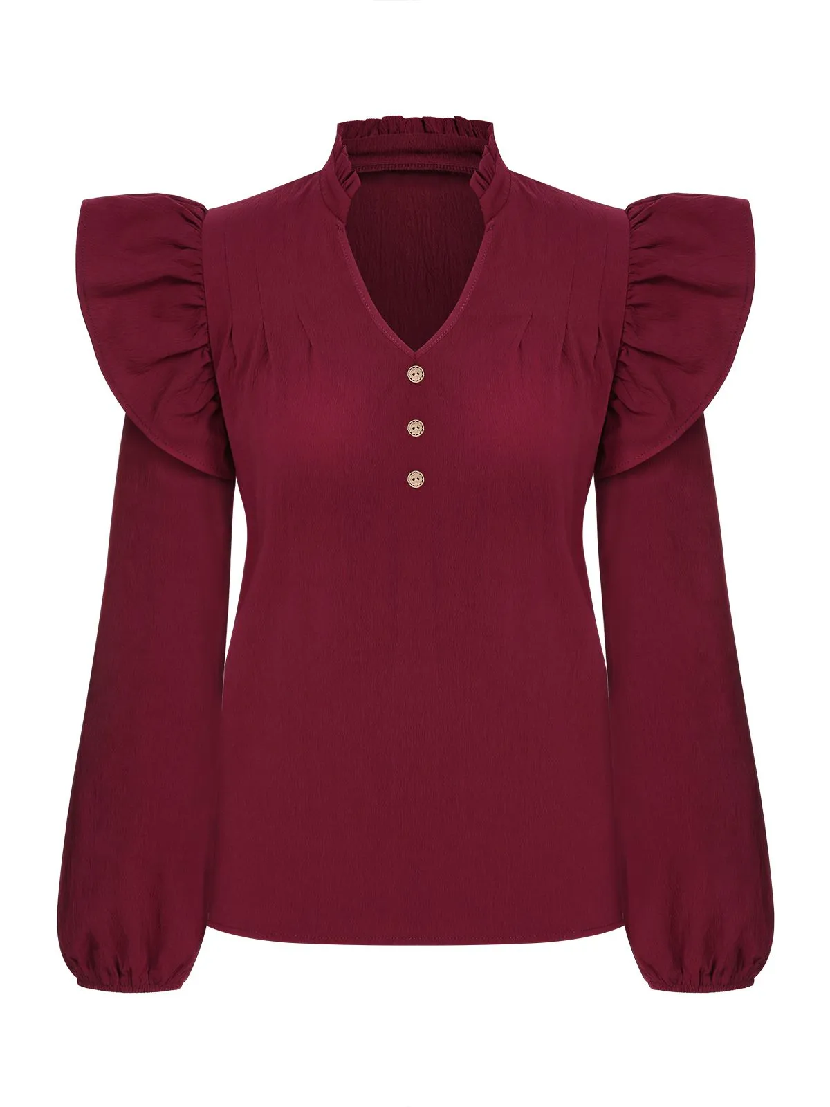 Wine Red 1950s Solid V-neck Ruffle Blouse sold by Retro Stage