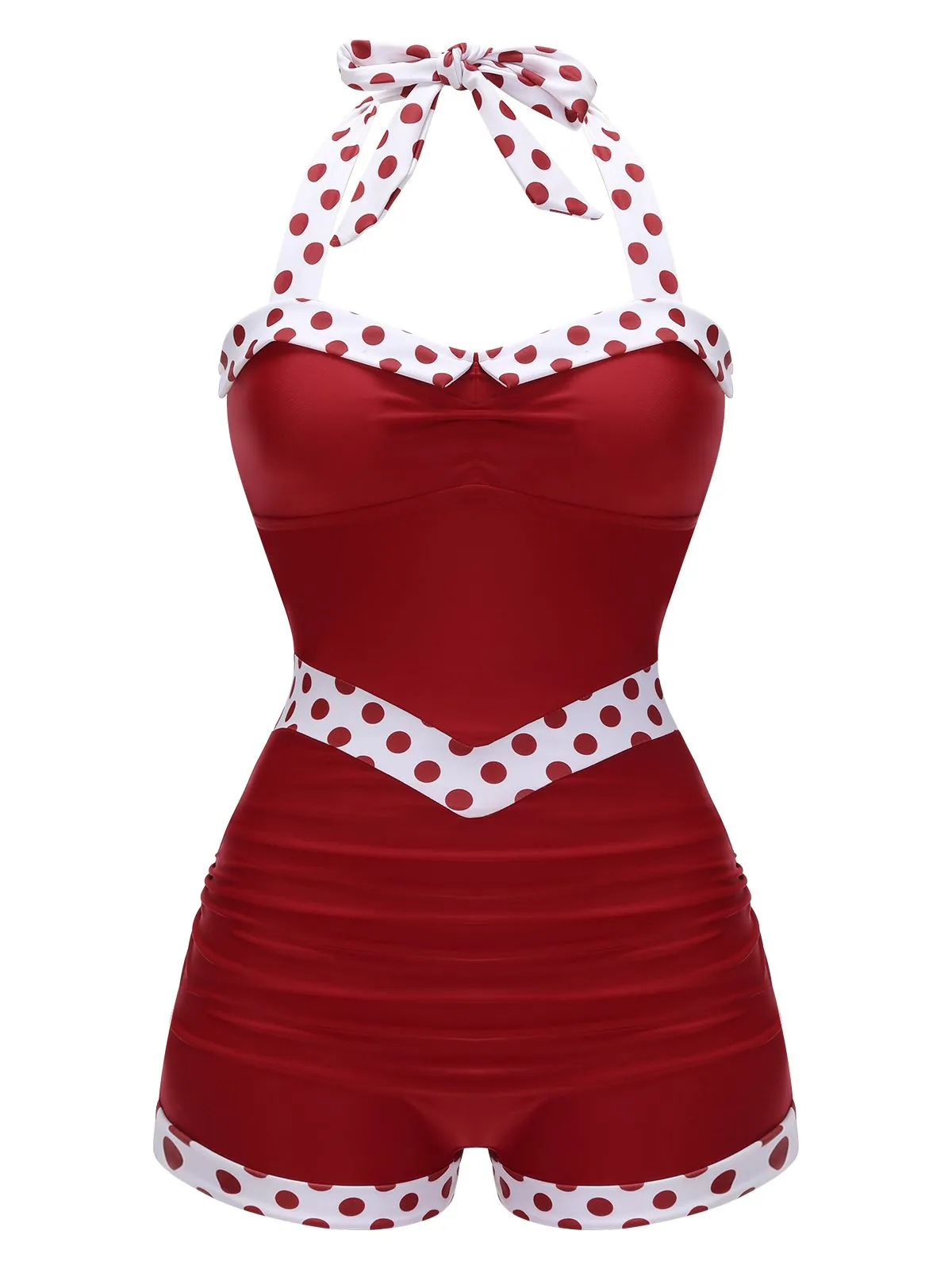 Red 1940s Halter Patchwork One-piece Swimsuit sold by Retro Stage product image thumbnail 2