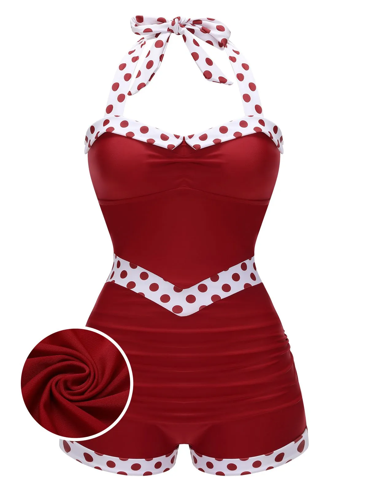 Red 1940s Halter Patchwork One-piece Swimsuit sold by Retro Stage