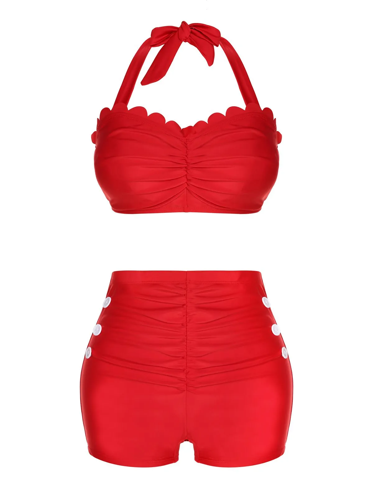Red 1950s Button Ruffles Halter Swimsuit sold by Retro Stage product image thumbnail 2