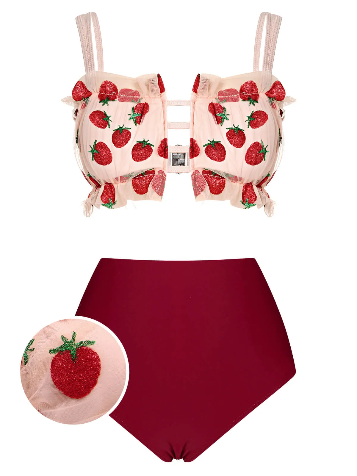 Red 1940s Strawberry Mesh Strap Swimsuit sold by Retro Stage
