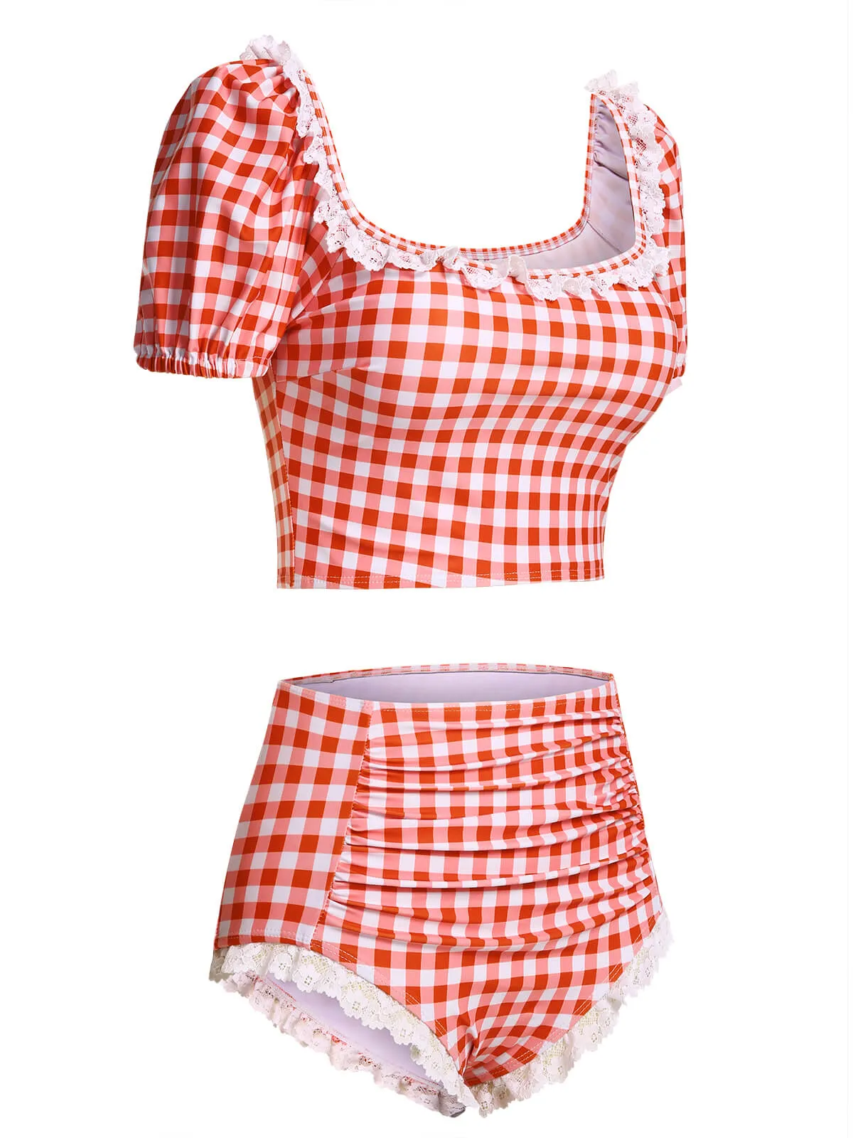 2PCS 1960s Plaid Lace Patchwork Swimsuit sold by Retro Stage product image thumbnail 3