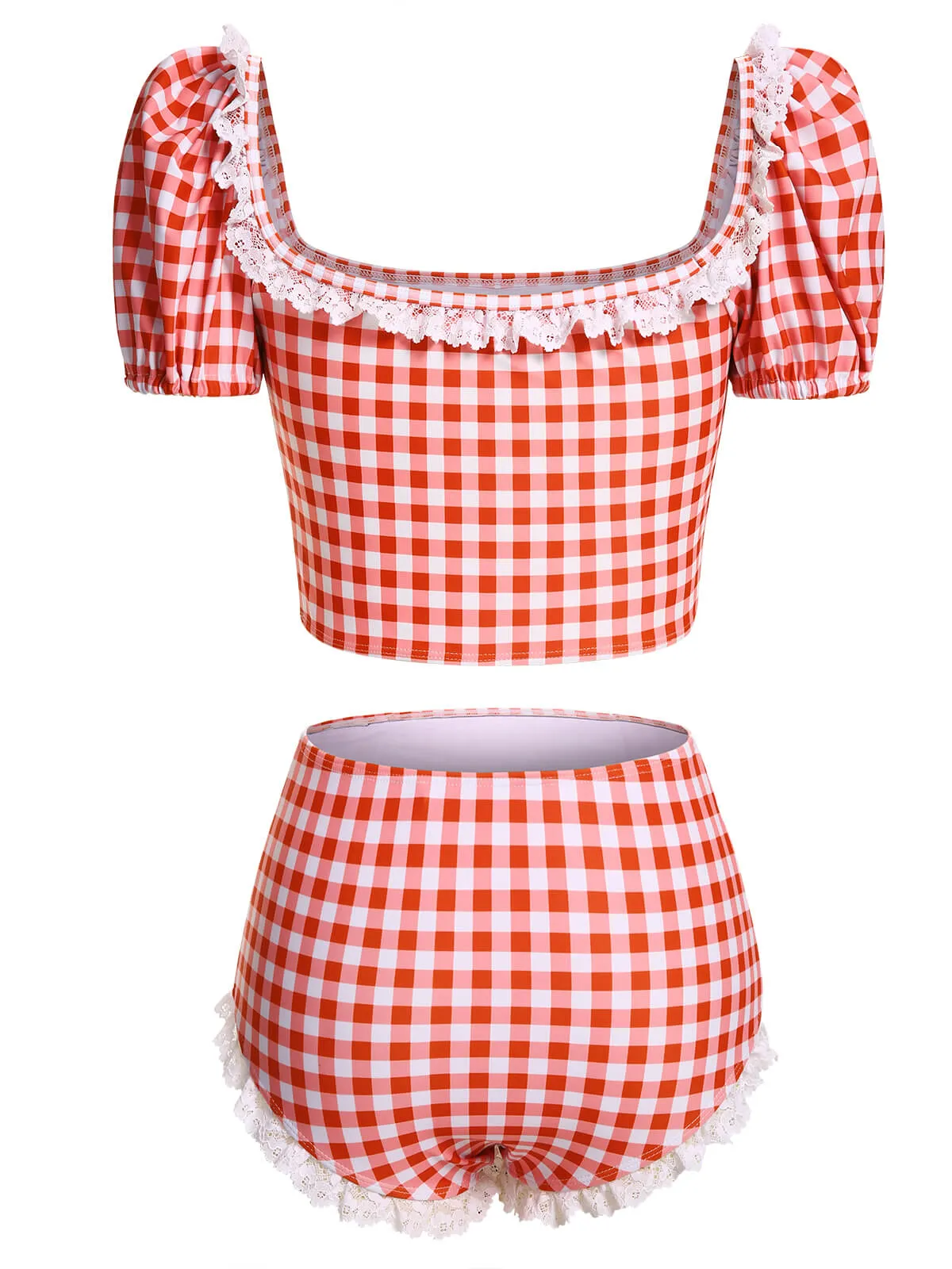 2PCS 1960s Plaid Lace Patchwork Swimsuit sold by Retro Stage product image thumbnail 4