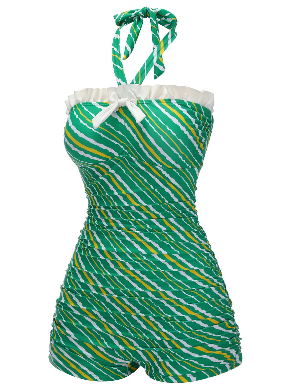 Green 1930s Stripe Off-Shoulder Halter Swimsuit sold by Retro Stage product image thumbnail 3