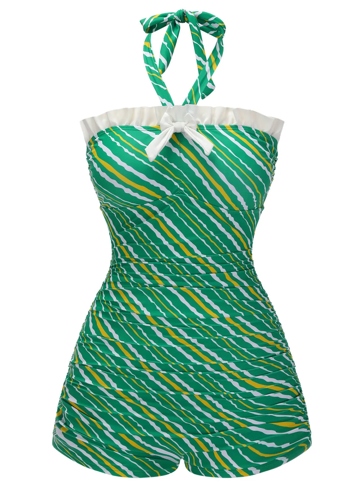 Green 1930s Stripe Off-Shoulder Halter Swimsuit sold by Retro Stage product image thumbnail 2