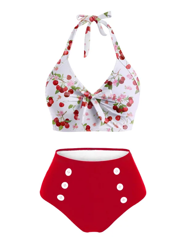 2PCS 1950s Cherry Patchwork Bikini Set sold by Retro Stage