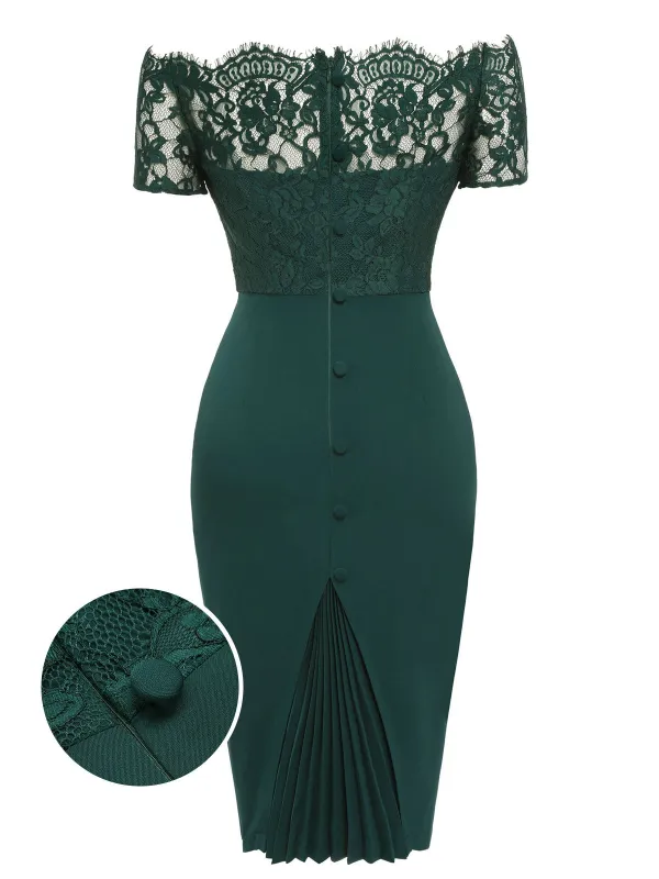 [Pre-Sale] Dark Green 1960s Lace Off-shoulder Dress sold by Retro Stage