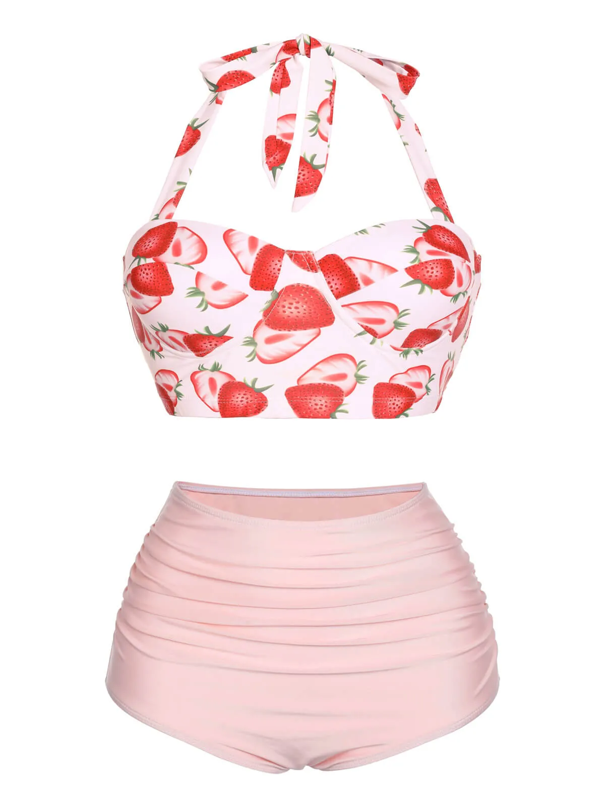 1950s Strawberry Halter Lace-Up Pleated Bikini Set sold by Retro Stage