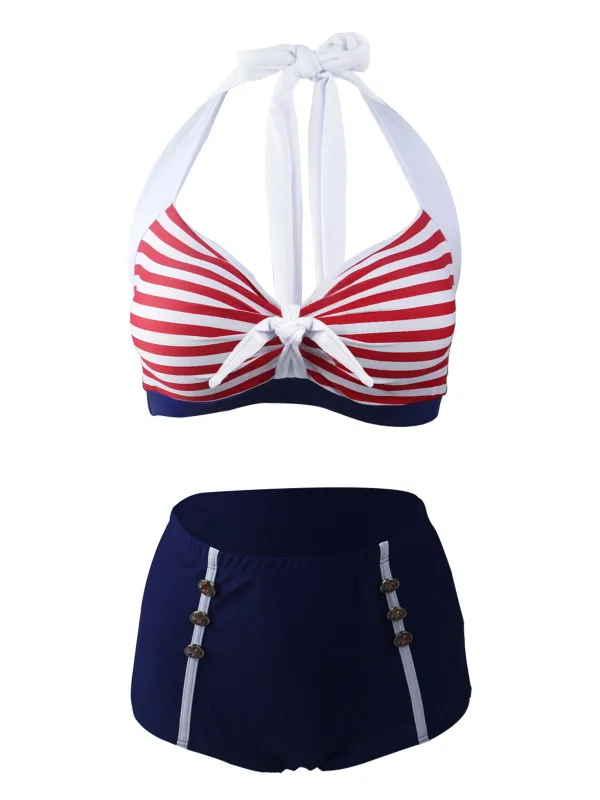 Navy Red 1950s Stripe Halter Bikini sold by Retro Stage