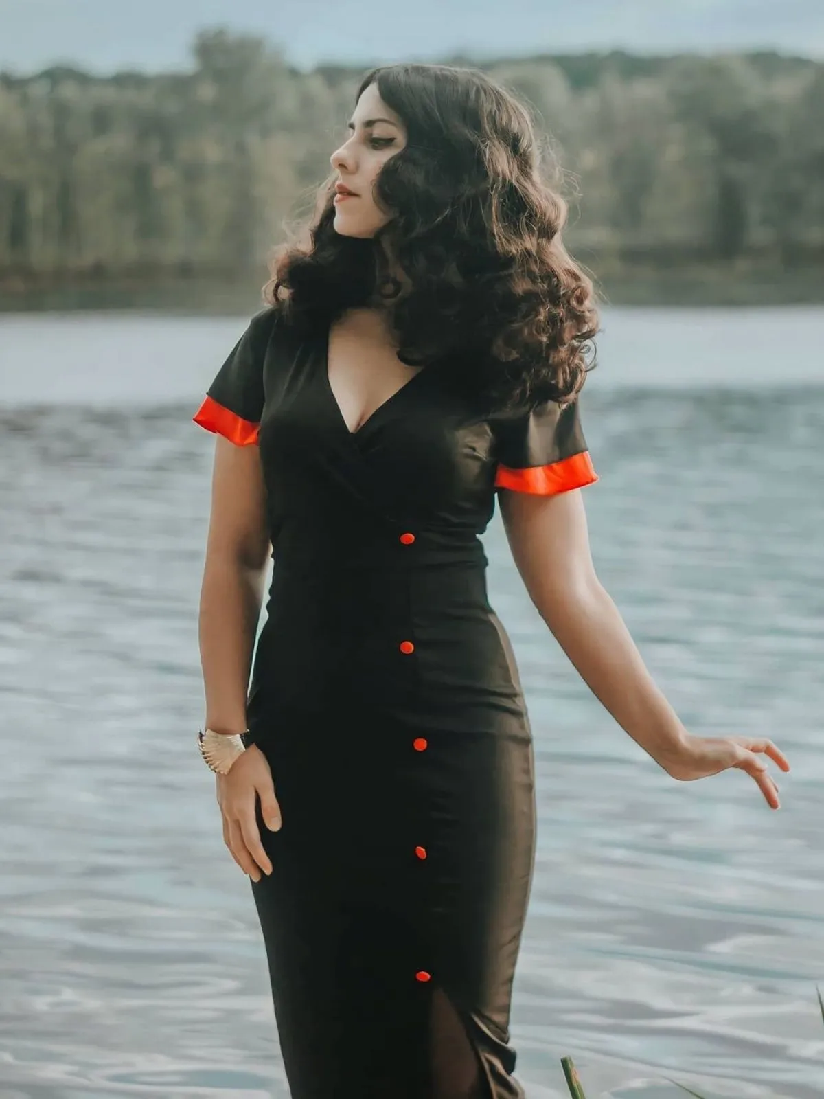 Black 1960s Button Slit Bodycon Dress sold by Retro Stage product image thumbnail 2