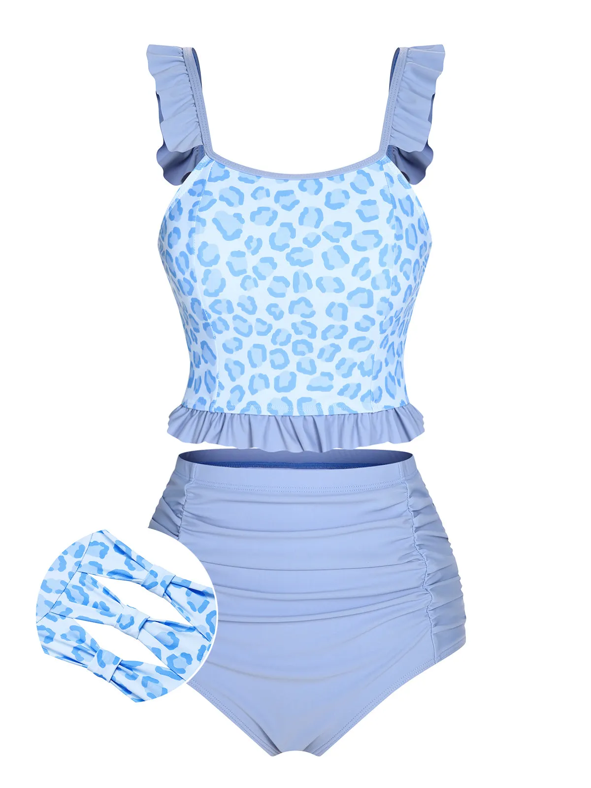 2PCS Blue 1940s Leopard Patchwork Swimsuit sold by Retro Stage product image thumbnail 2