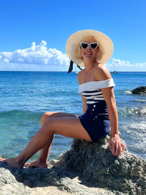 Navy Blue Patchwork Off-shoulder Striped Romper sold by Retro Stage