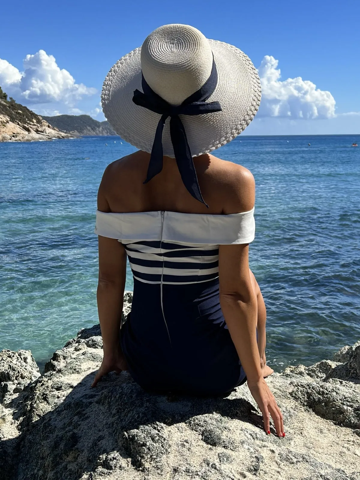 Navy Blue Patchwork Off-shoulder Striped Romper sold by Retro Stage product image thumbnail 3