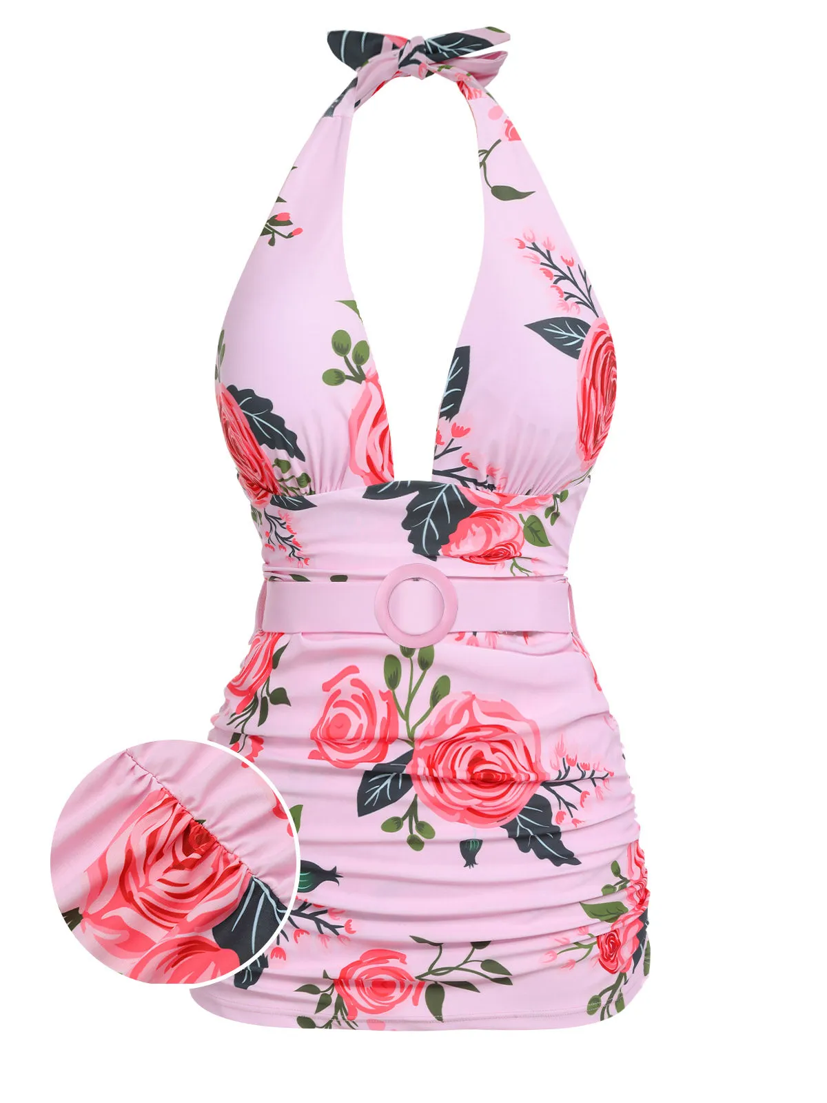 Pink 1930s Roses Halter Belt Swimsuit sold by Retro Stage