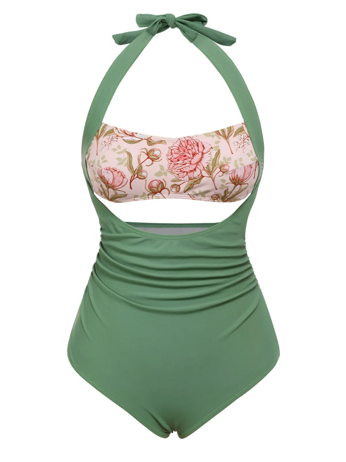 Green 1930s Peony Halter One-Piece Swimsuit sold by Retro Stage product image thumbnail 2