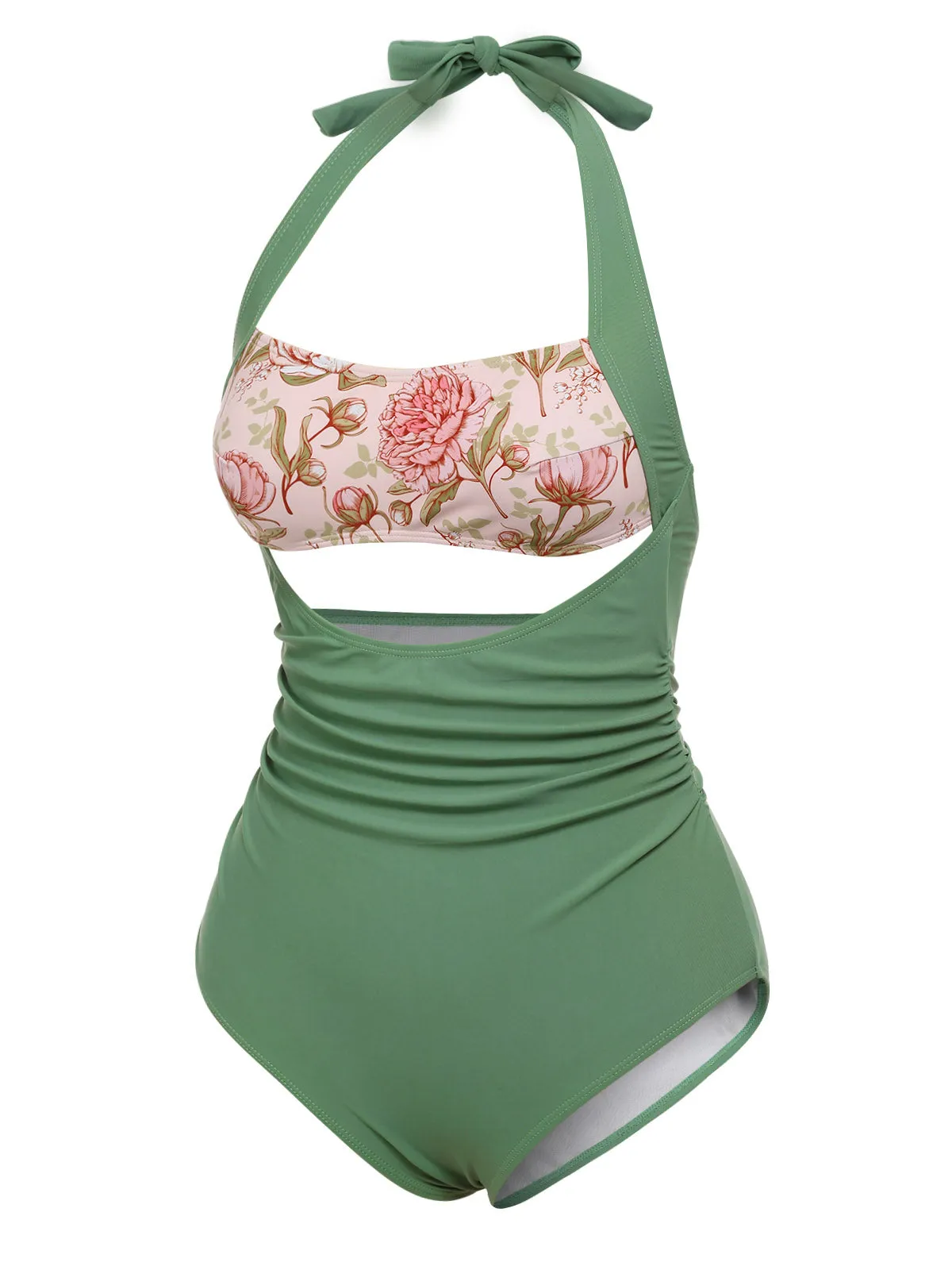 Green 1930s Peony Halter One-Piece Swimsuit sold by Retro Stage product image thumbnail 3