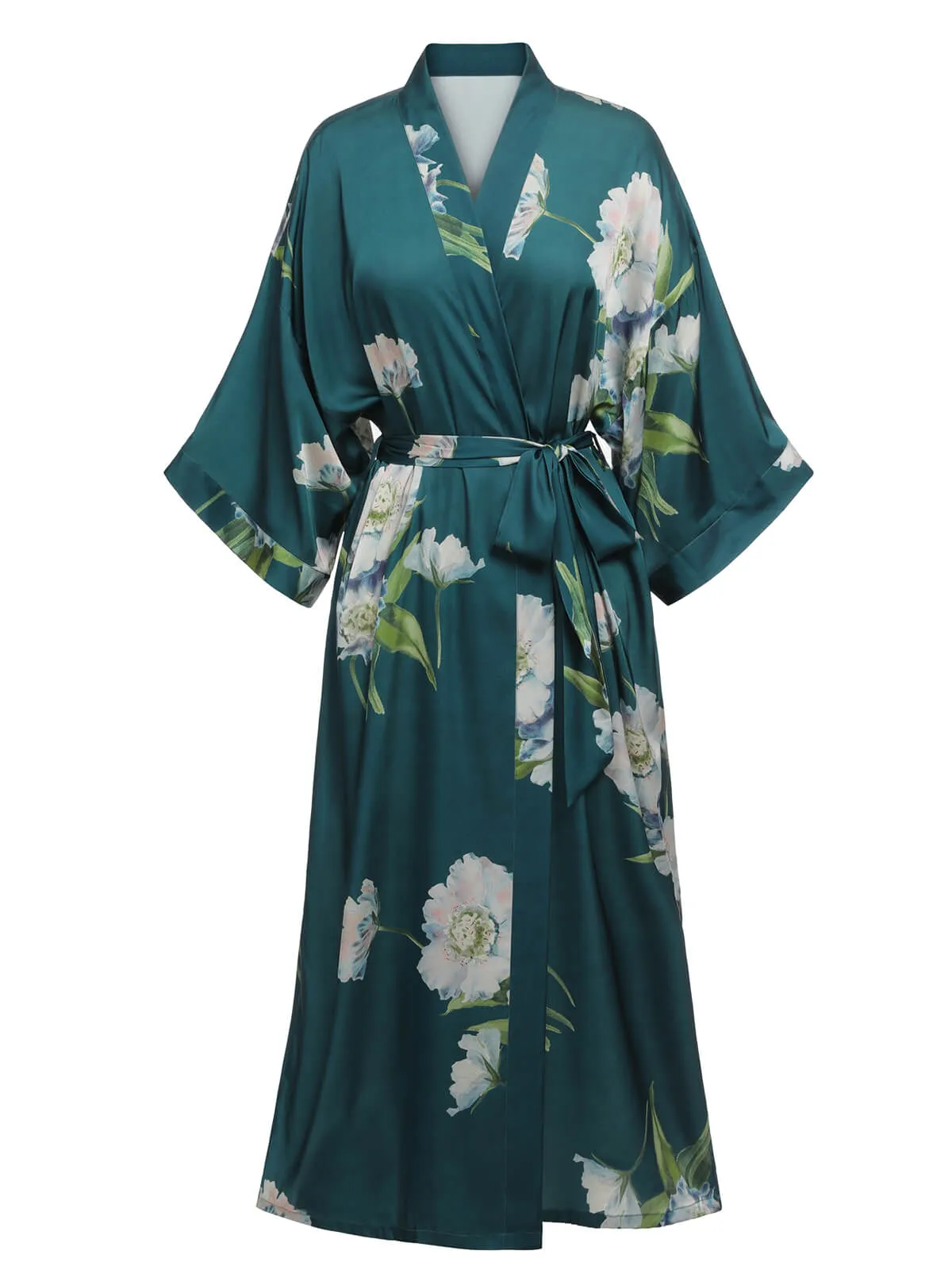 Dark Green 1950s Floral Satin Robe sold by Retro Stage