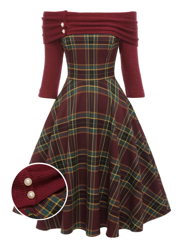 [Pre-Sale] Wine Red 1950s Plaids Off-Shoulder Dress sold by Retro Stage