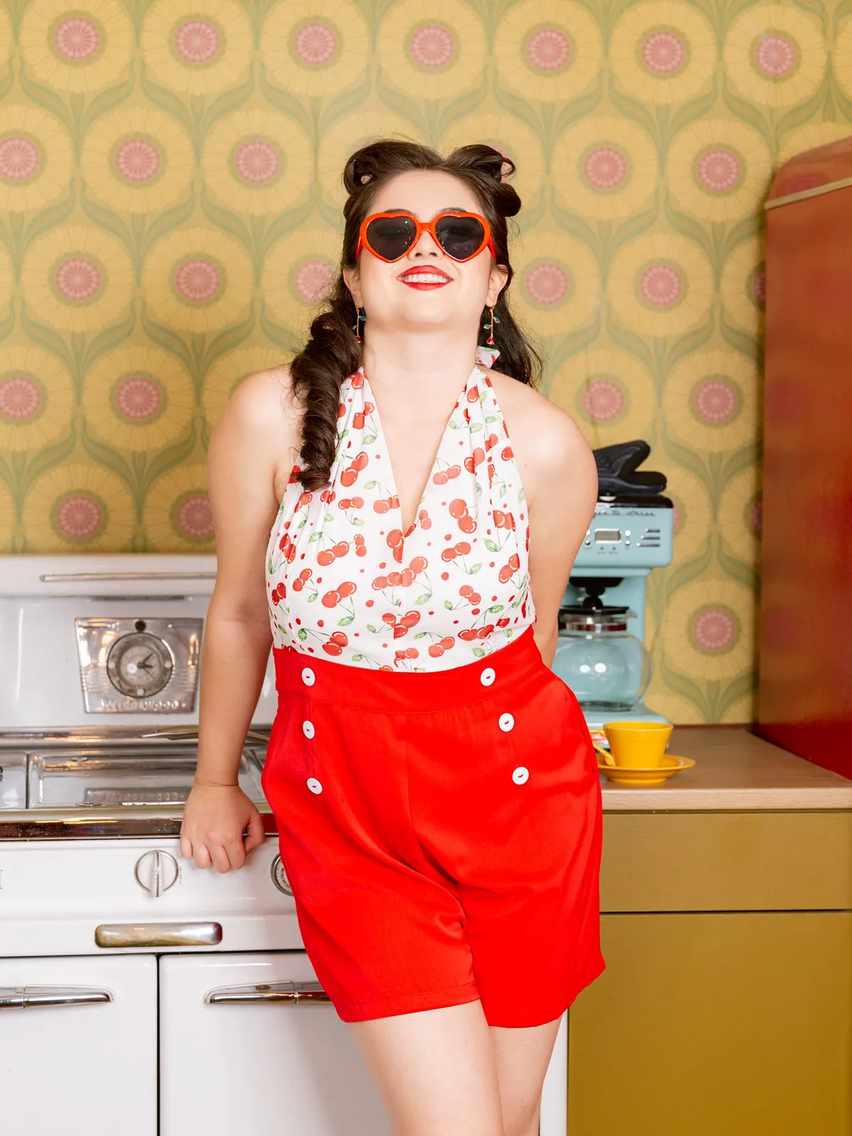 Red Cherry V-Neck Halter Lace-Up Romper sold by Retro Stage product image thumbnail 2