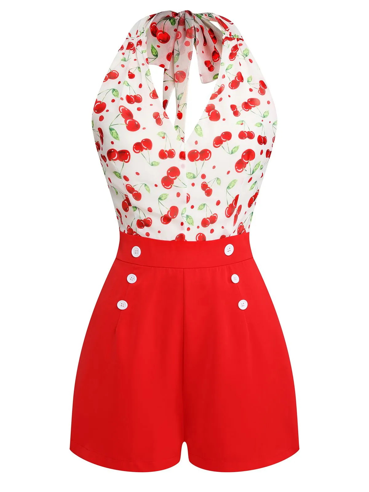 Red Cherry V-Neck Halter Lace-Up Romper sold by Retro Stage product image thumbnail 5