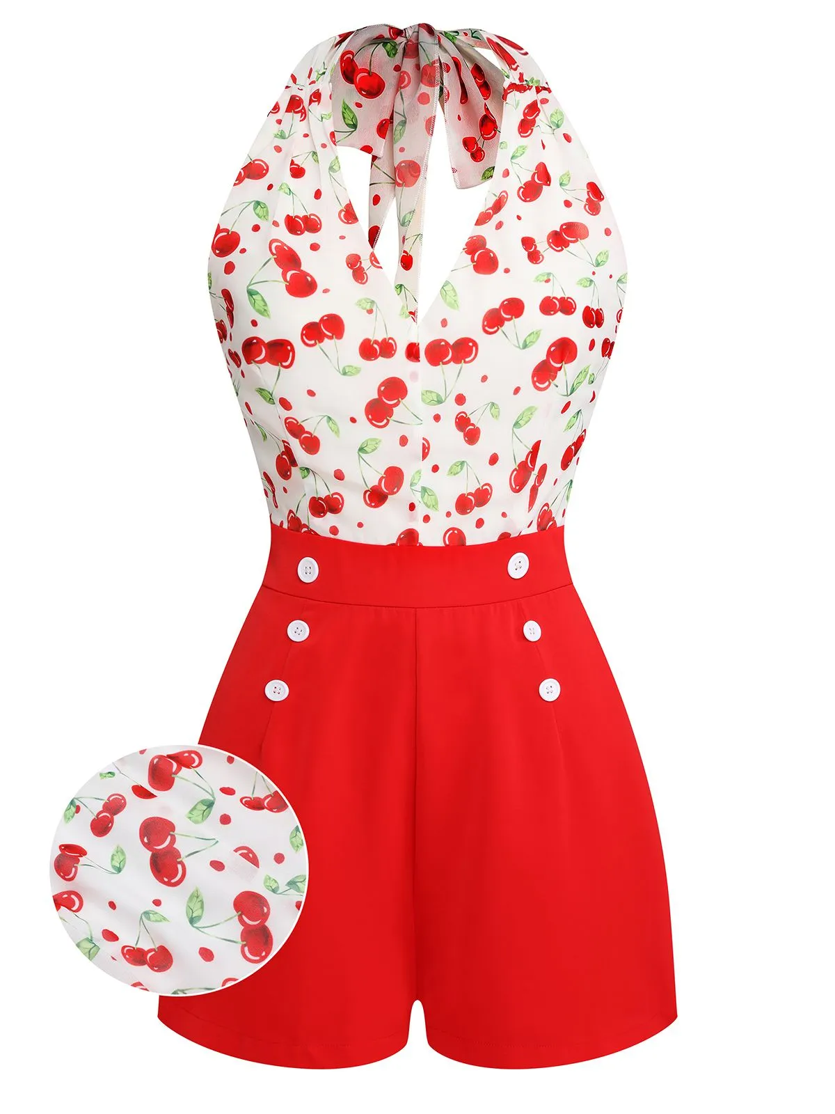 Red Cherry V-Neck Halter Lace-Up Romper sold by Retro Stage product image thumbnail 4