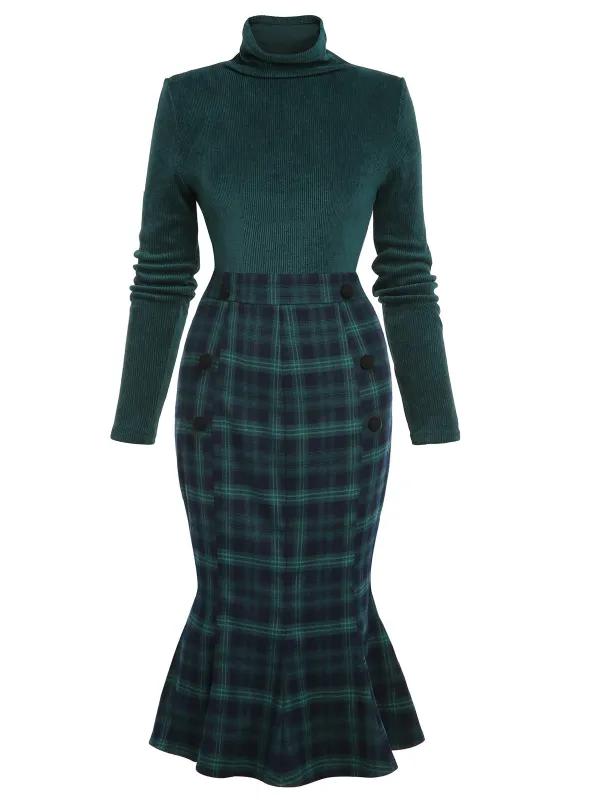 Green 1930s Plaid Turtleneck Fishtail Dress sold by Retro Stage