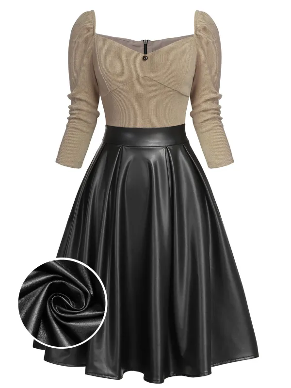 Khaki 1950s Knitted Leather Patchwork Dress sold by Retro Stage