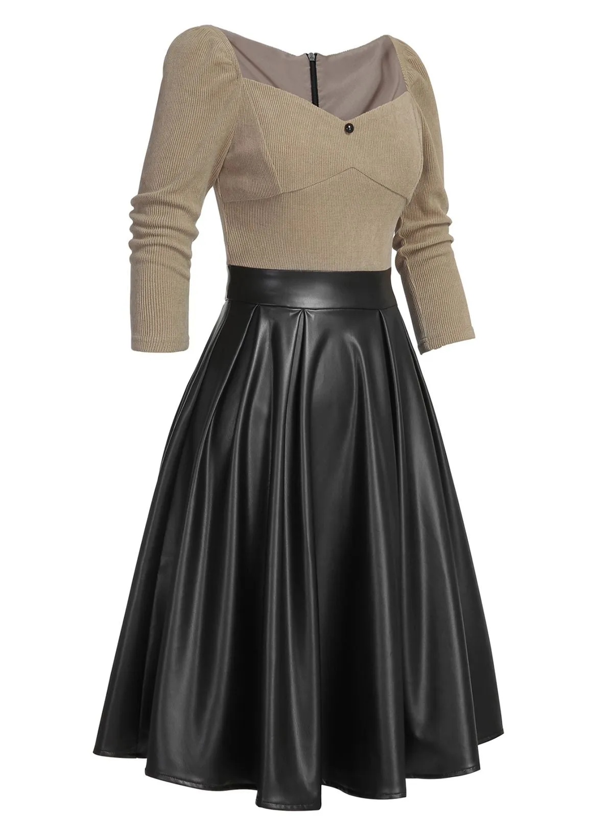 Khaki 1950s Knitted Leather Patchwork Dress sold by Retro Stage product image thumbnail 3