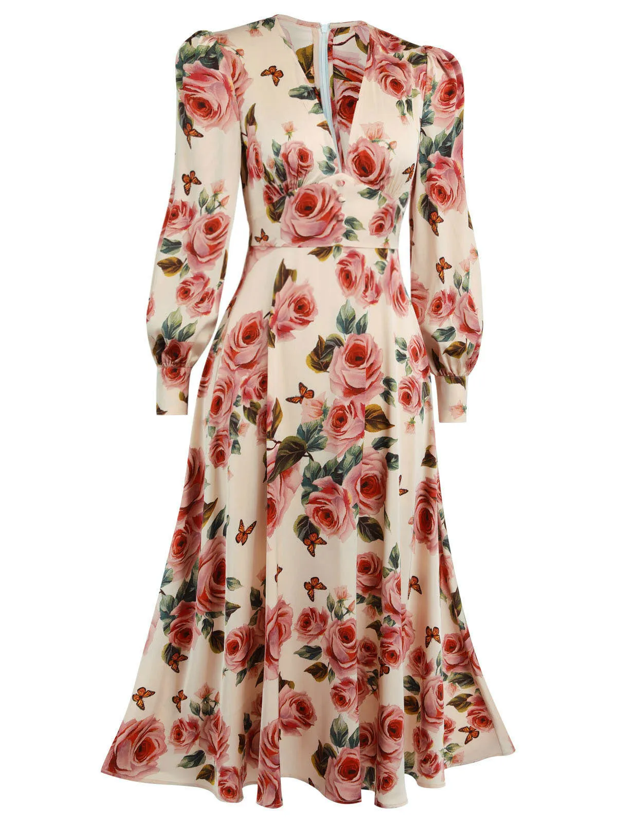 1940s Rose V-Neck Long Sleeves Dress sold by Retro Stage product image thumbnail 4