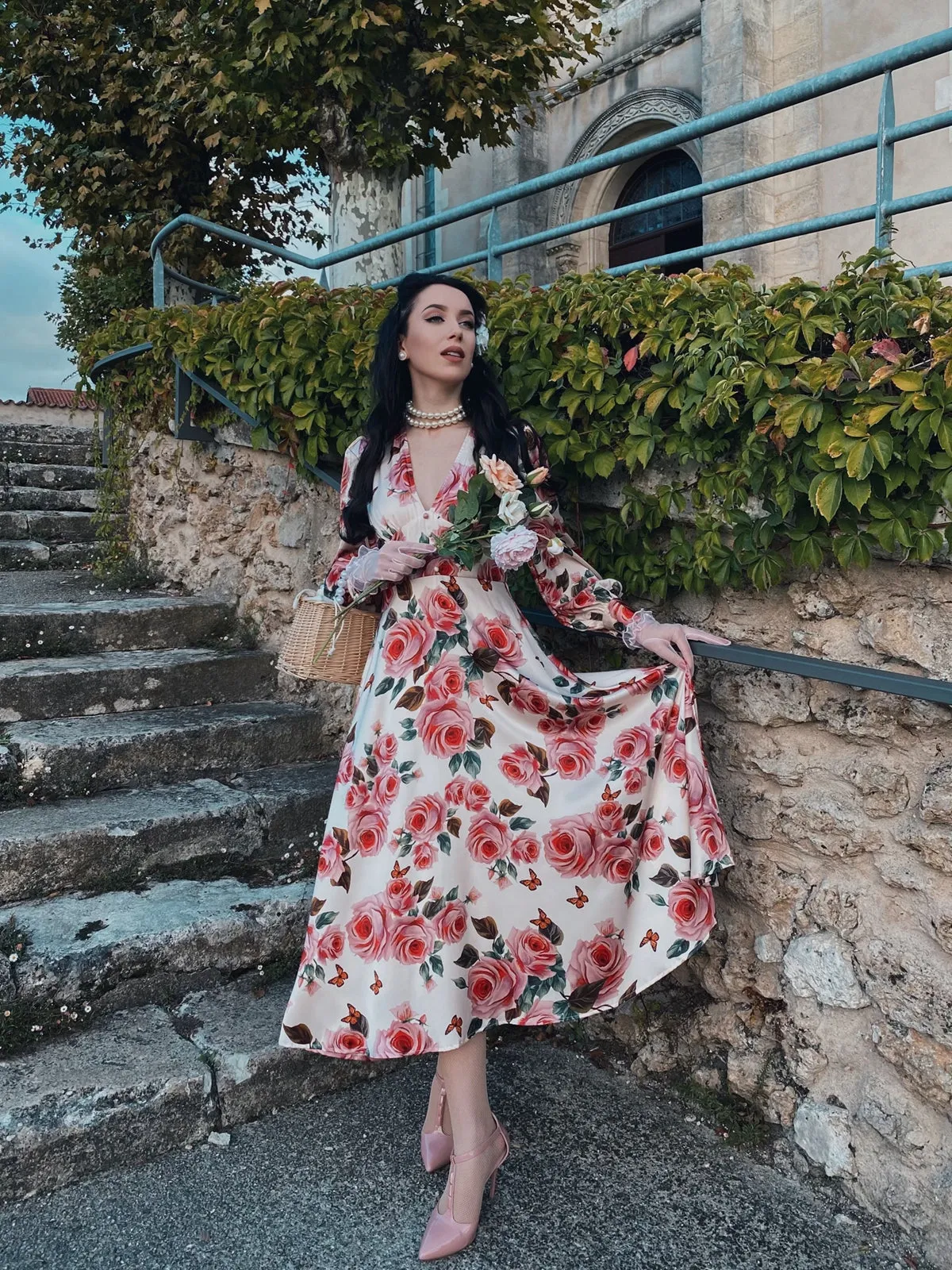 1940s Rose V-Neck Long Sleeves Dress sold by Retro Stage product image thumbnail 2