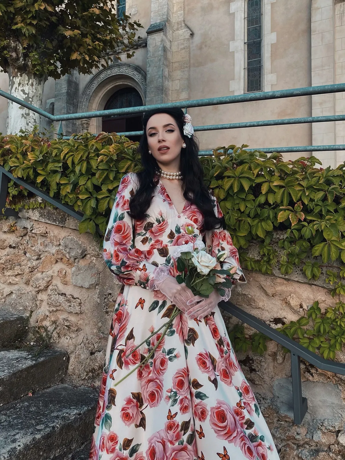 1940s Rose V-Neck Long Sleeves Dress sold by Retro Stage